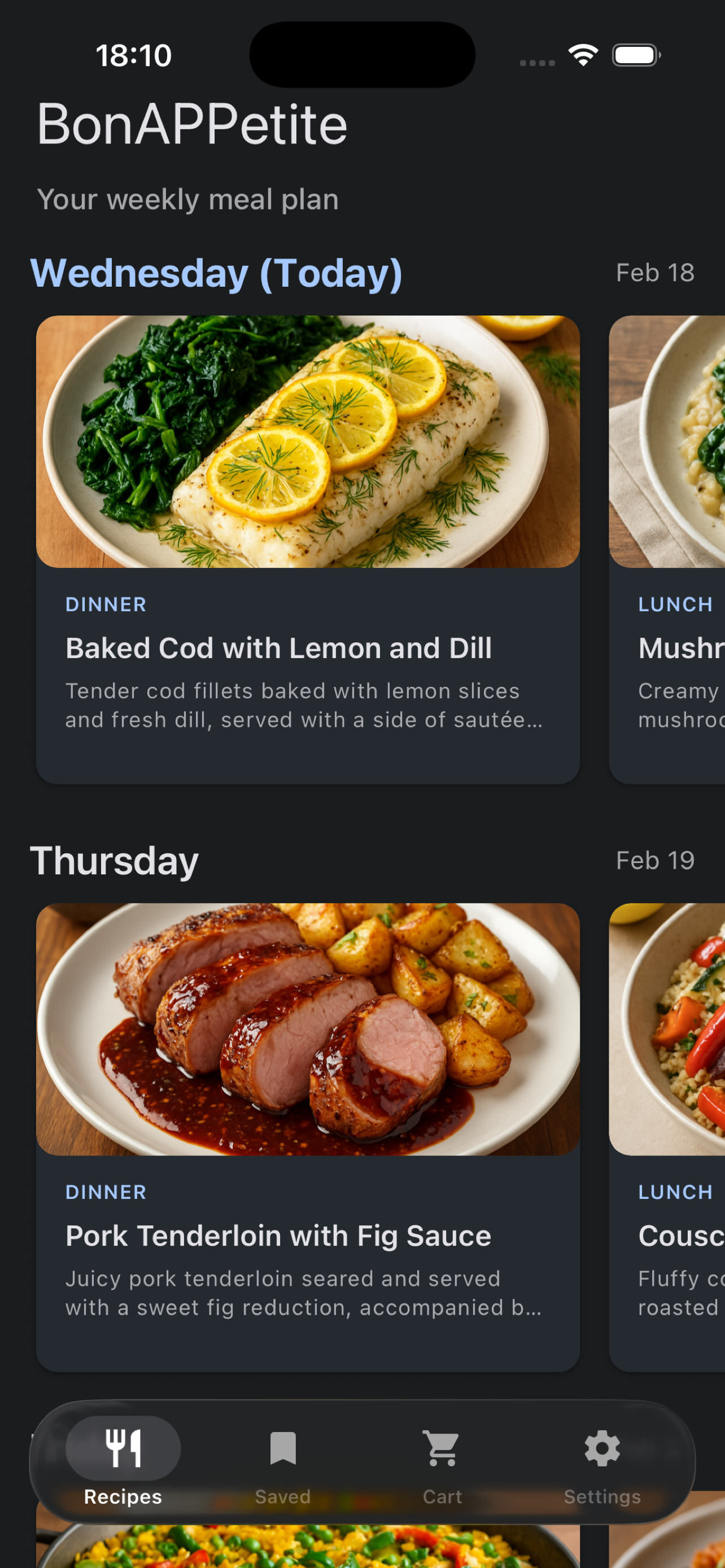 BonAPPetite weekly meal plan screen