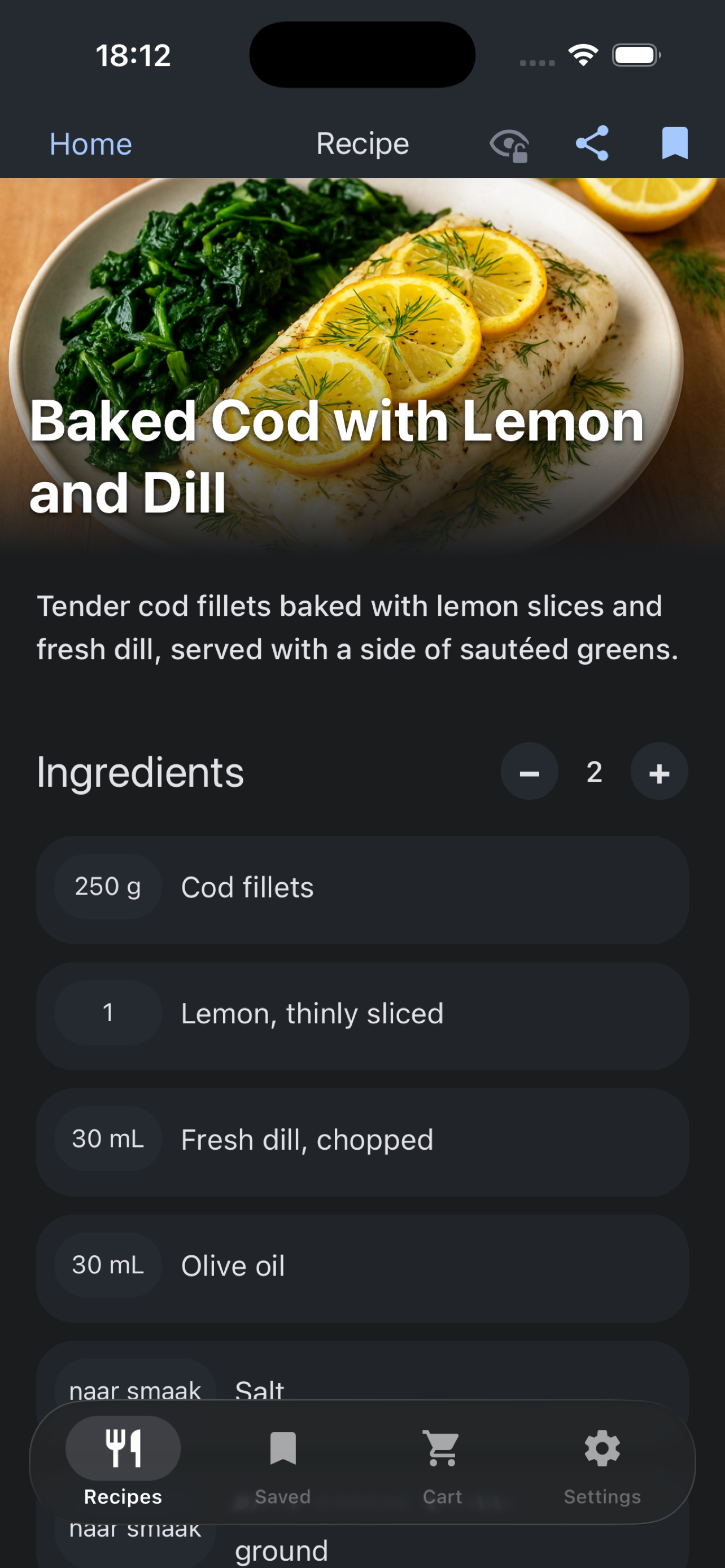 Recipe detail screen with ingredients