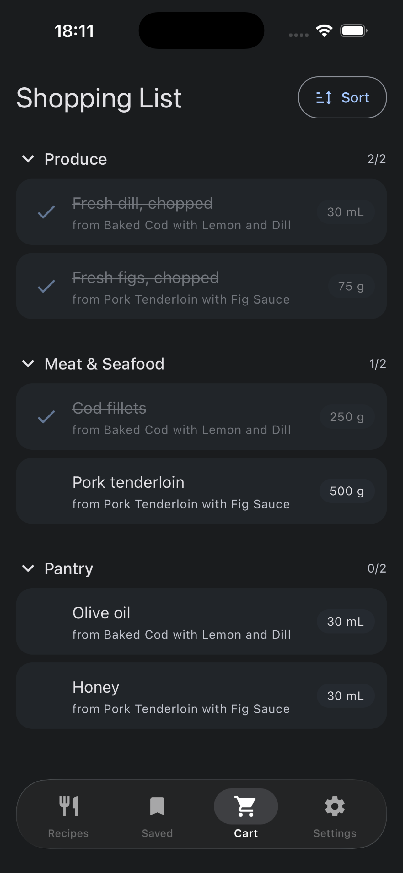 Grouped shopping list screen